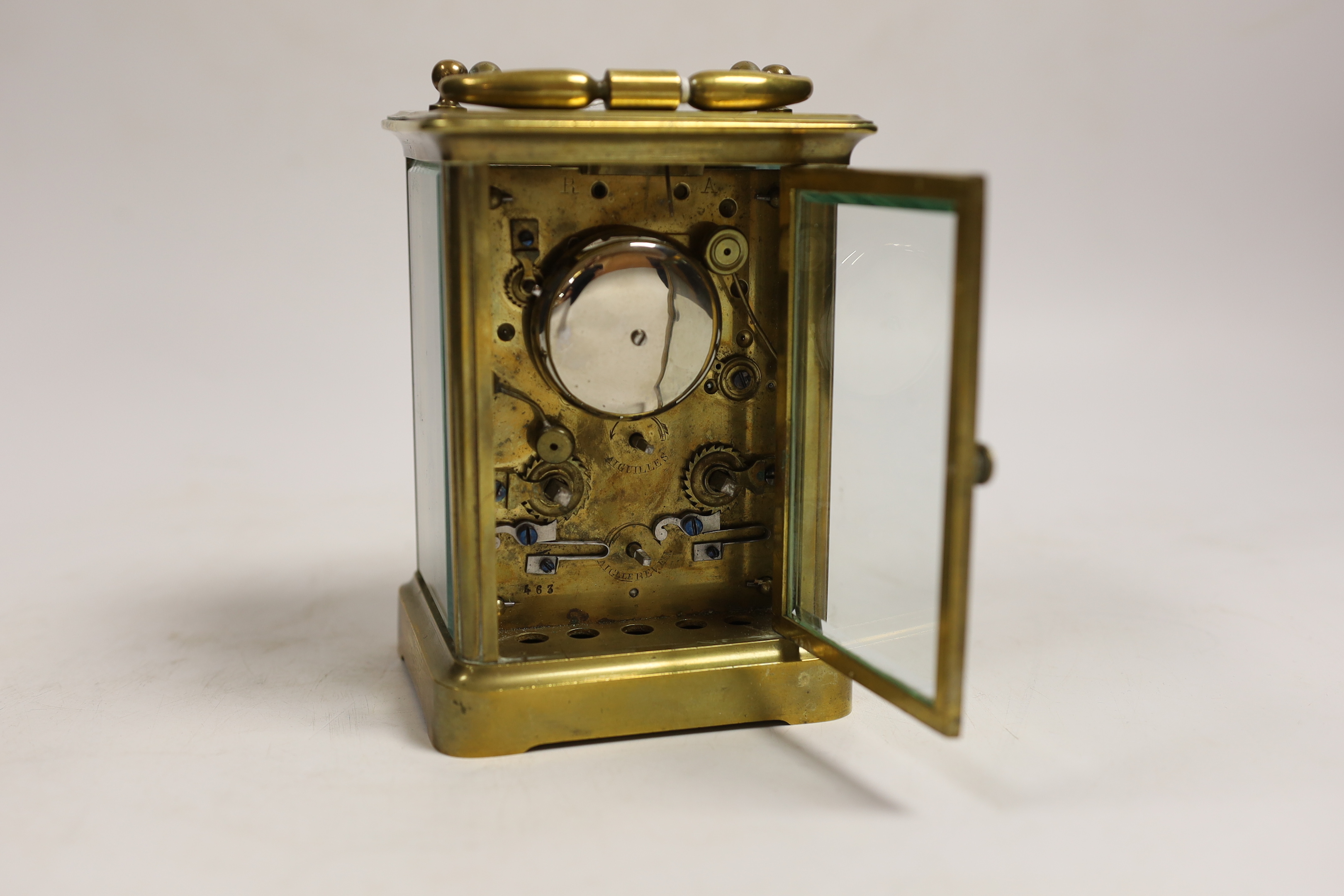 A late 19th century French carriage clock, with alarm, portable in case, clock 14cm high